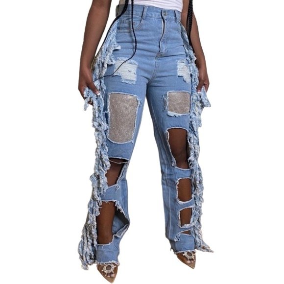 I ❤ DIY Jeans - Distressed Wide Legged - Diamond Bling - NWT - Picture 2 of 3